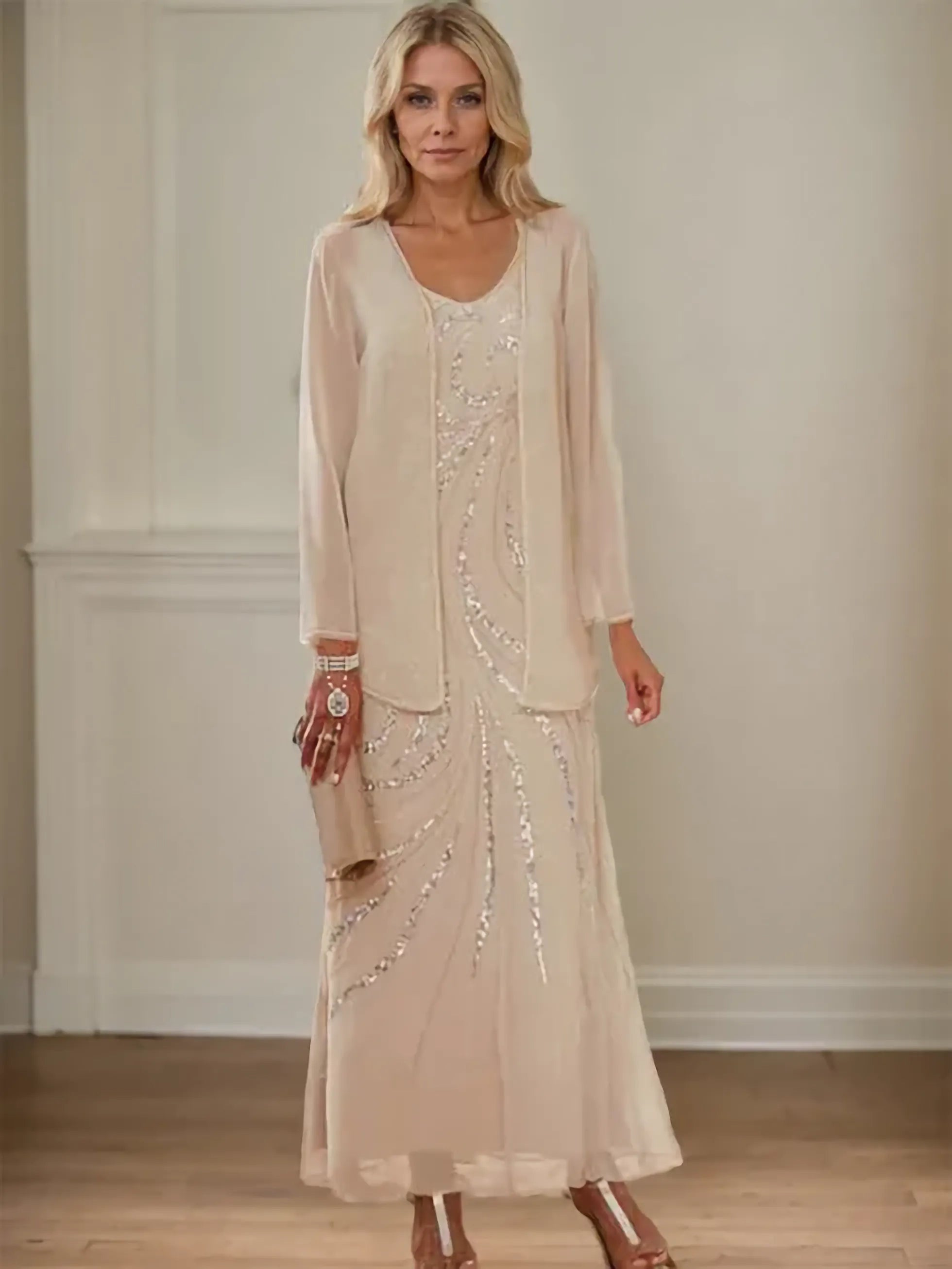 Robe de mère de la mariée fourreau/colonne, col en V, longueur cheville, avec veste et paillettes 