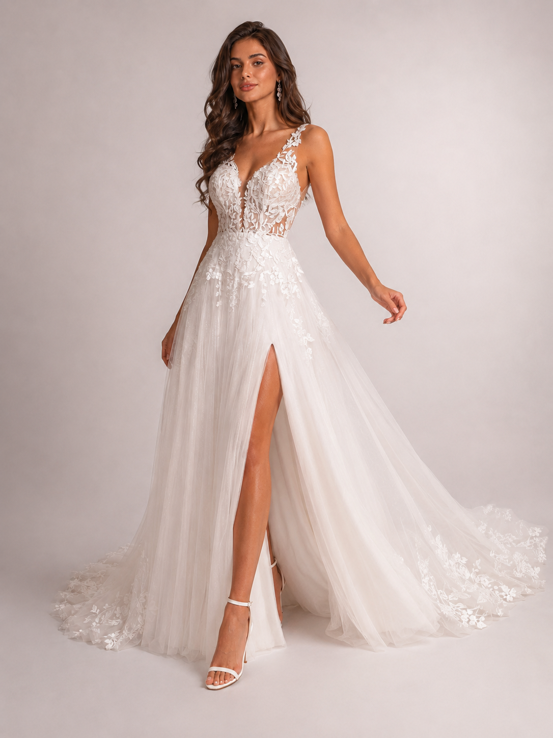 Elegant V-Neck Lace Applique A-Line Wedding Dress with High Slit and Chapel Train