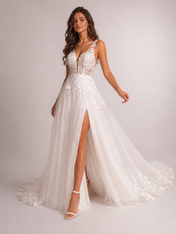 Elegant V-Neck Lace Applique A-Line Wedding Dress with High Slit and Chapel Train