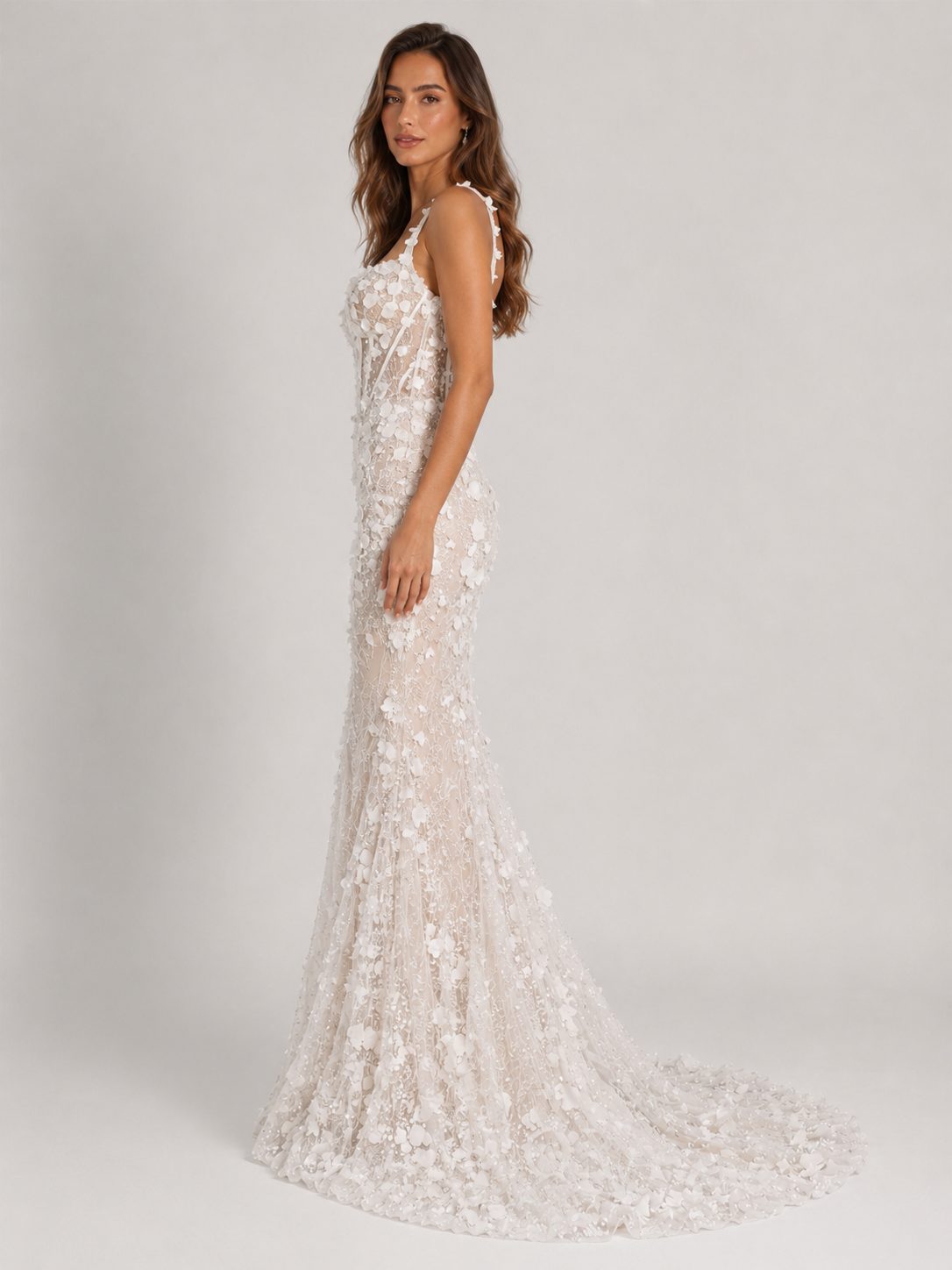 Elegant Square-Neck 3D Floral Lace Mermaid Wedding Dress with Sweep Train