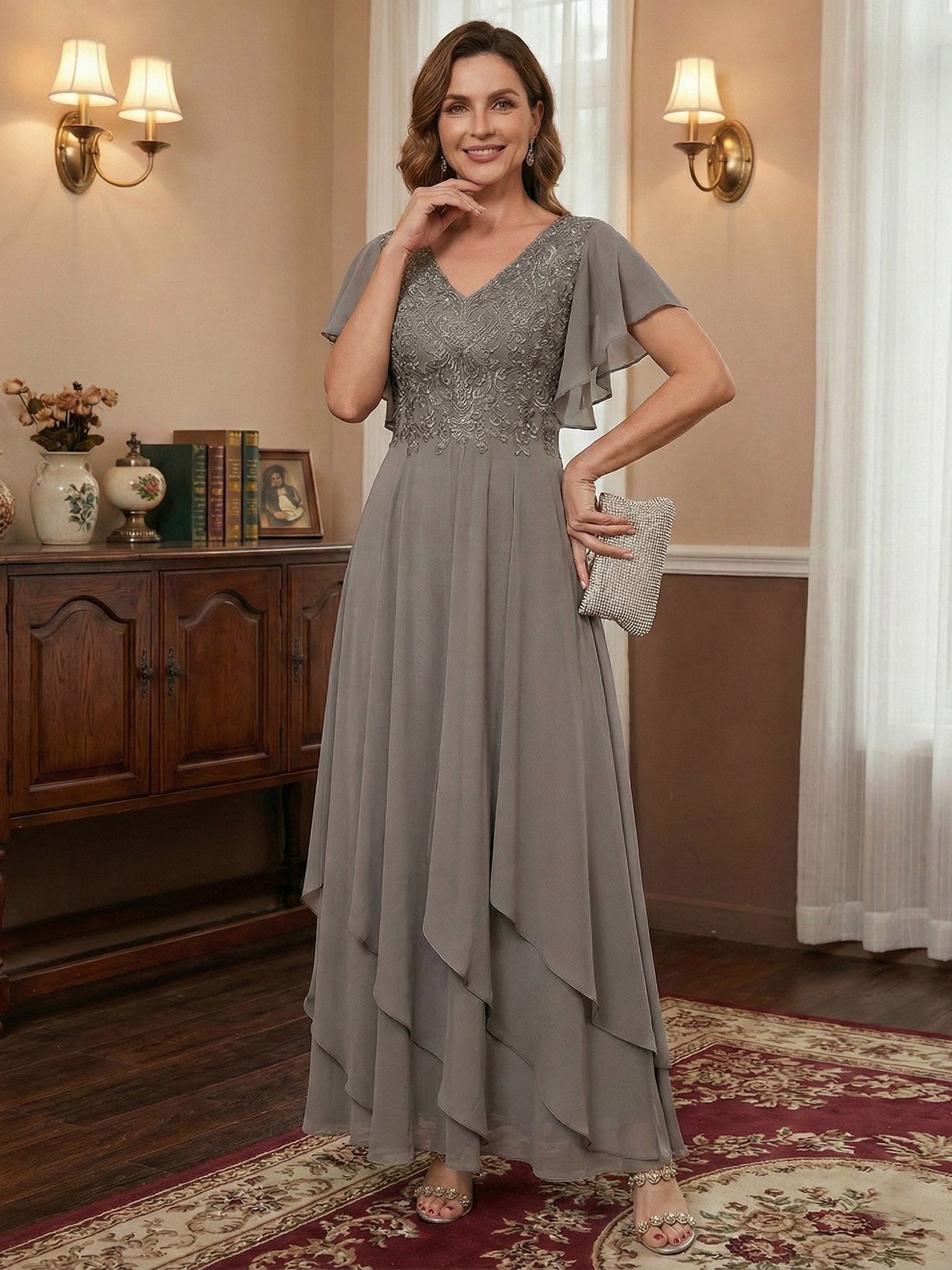 A-line V-Neck Ankle-Length Lace Chiffon Mother of the Bride Dress With Cascading Ruffles