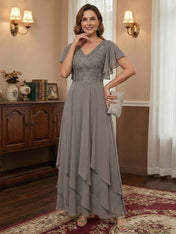 A-line V-Neck Ankle-Length Lace Chiffon Mother of the Bride Dress With Cascading Ruffles