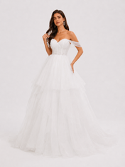 Elegant Off-the-Shoulder Tiered Tulle A-Line Wedding Dress with Chapel Train