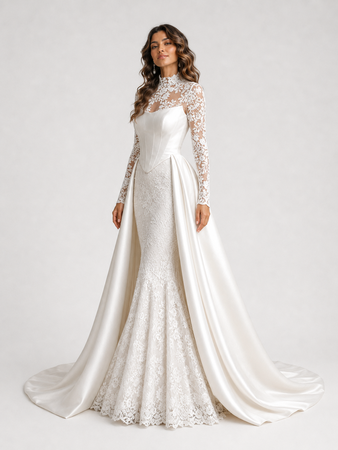 Elegant Lace Applique High Neck Mermaid Wedding Dress with Detachable Train