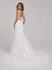 Elegant 3D Floral Strap Sheer Lace Mermaid Wedding Dress with Chapel Train