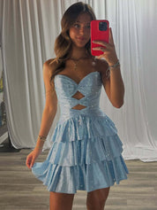 Sky Blue A Line Strapless Sweetheart Satin Short Homecoming Dress with Keyhole