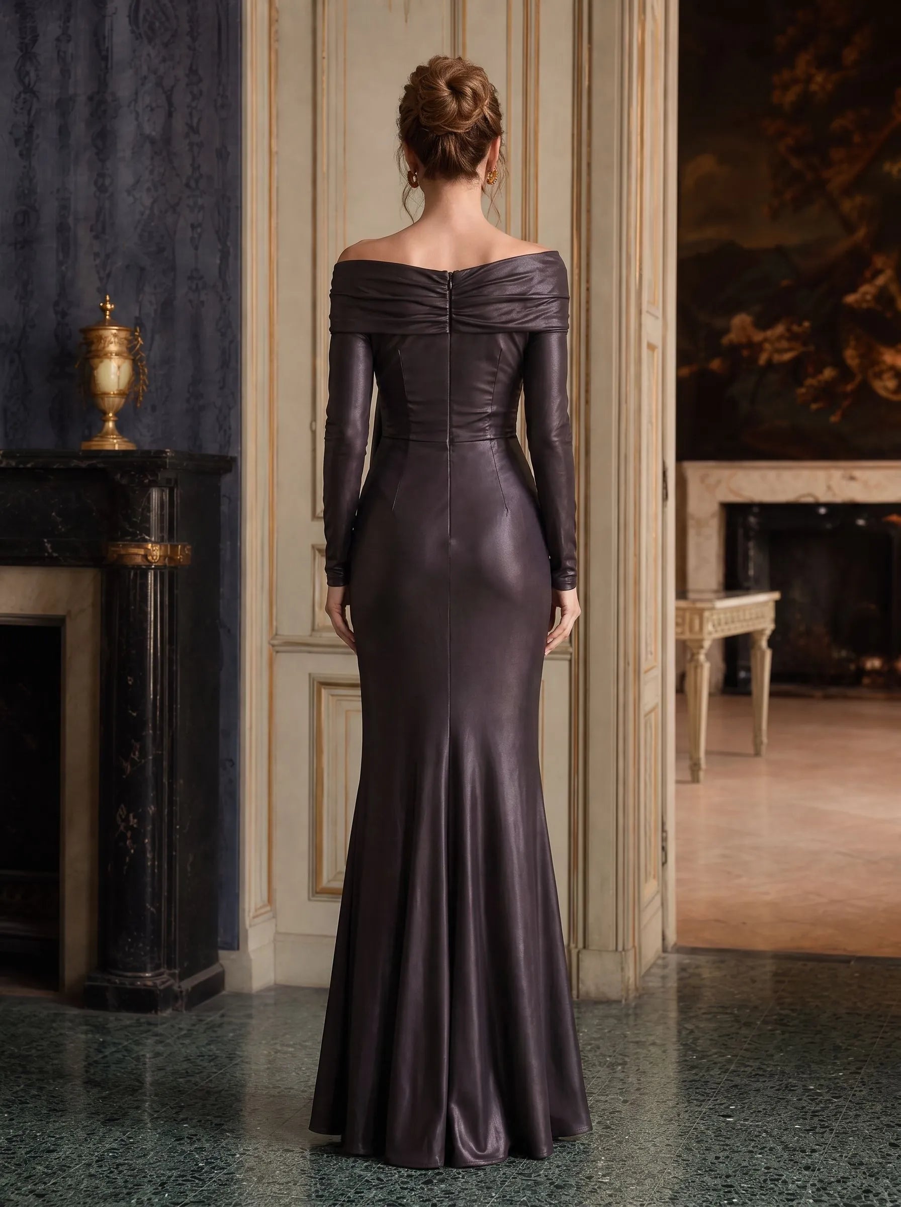 Dark Charcoal Off-the-Shoulder Draped Mermaid Evening Dress
