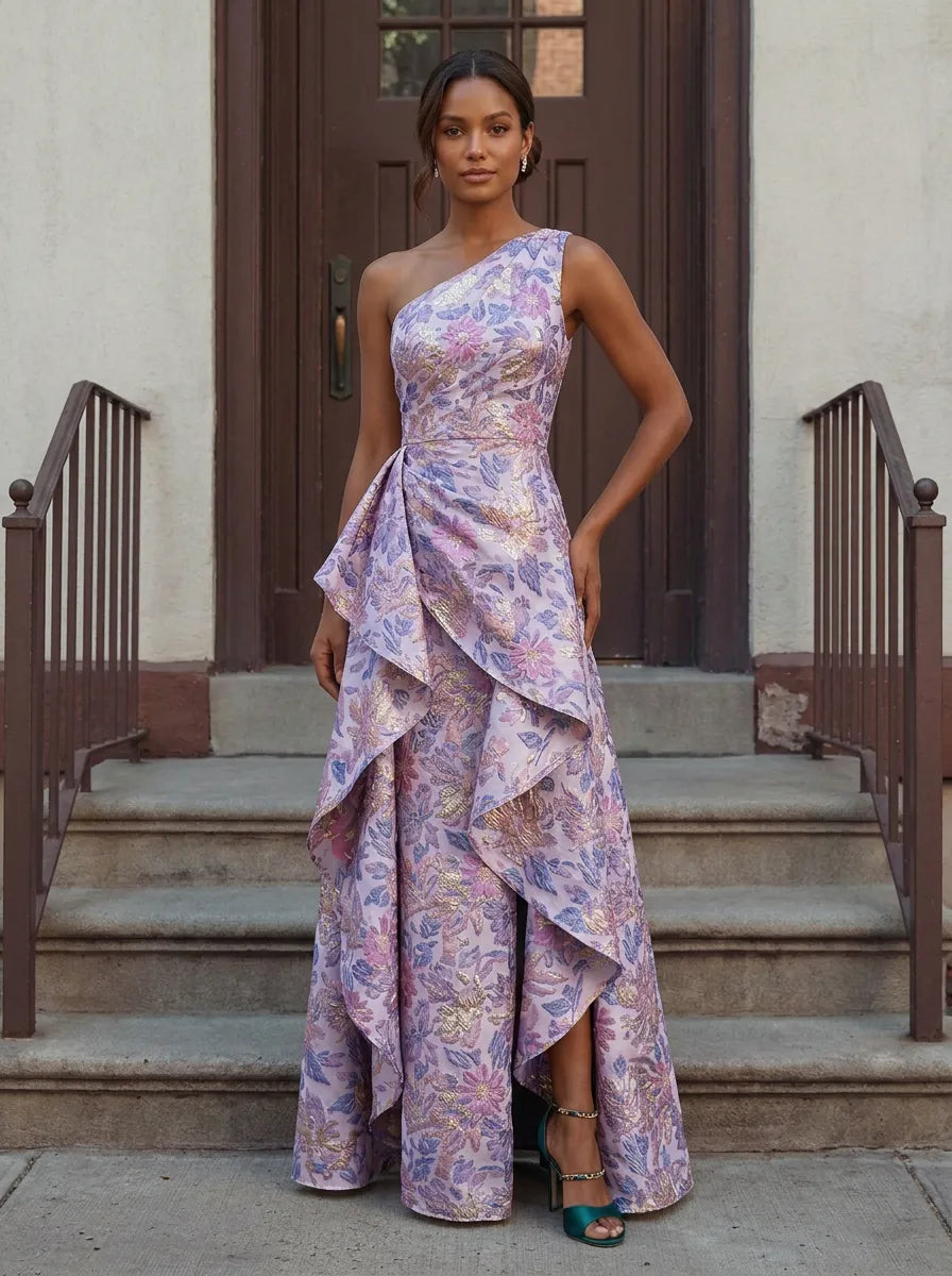 One-Shoulder Floral Brocade Cascading Ruffle Evening Dress