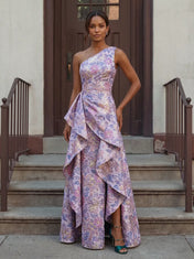 One-Shoulder Floral Brocade Cascading Ruffle Evening Dress