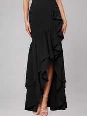 Black Sheath/Column Stretch Crepe Off The Shoulder Sleeveless Floor Length Dress With Ruffles