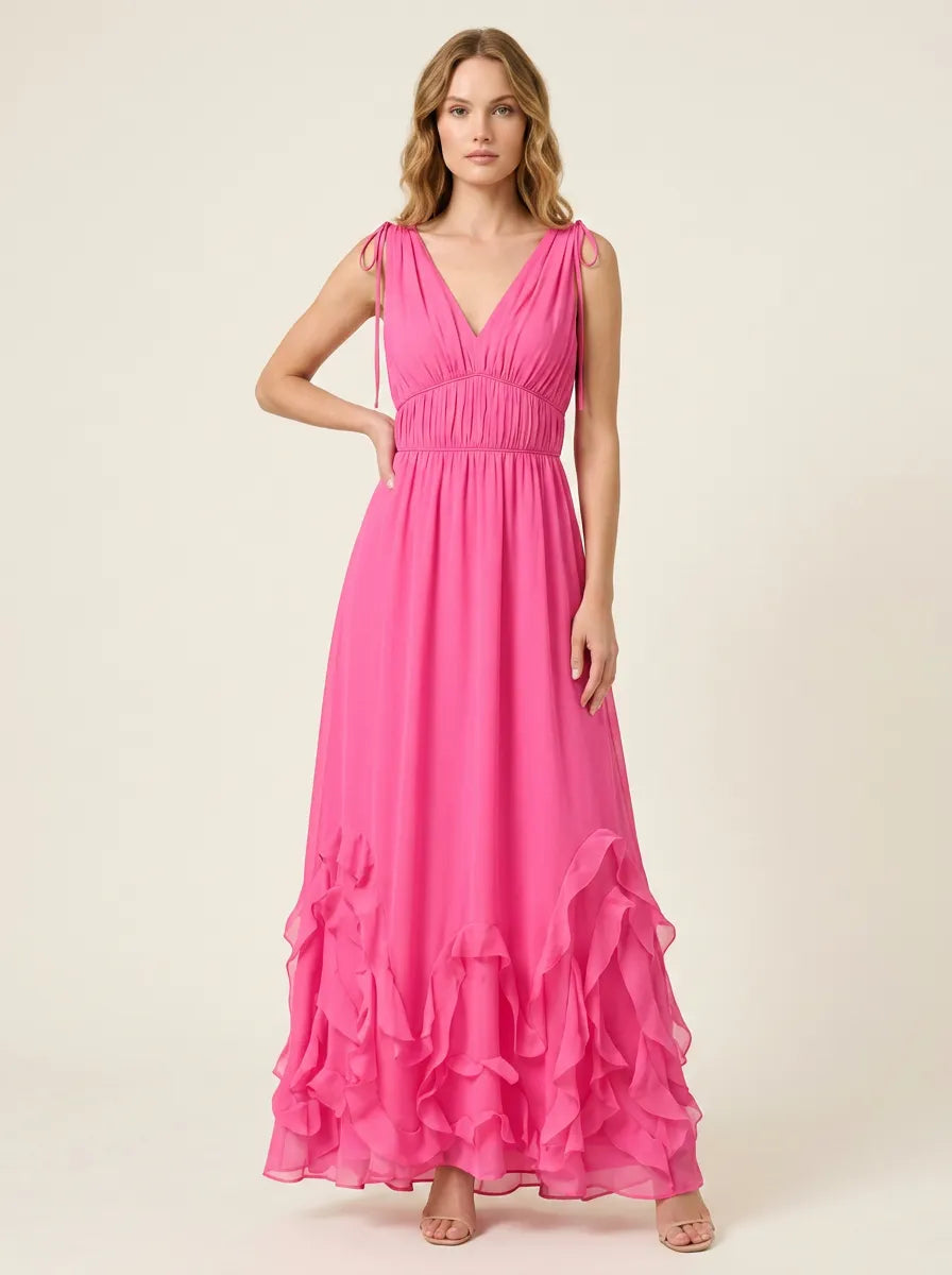 V-Neck Ruffled Hem A-Line Gown Bridesmaid Dress