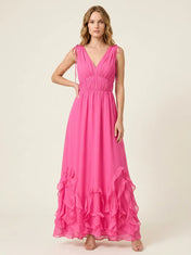 V-Neck Ruffled Hem A-Line Gown Bridesmaid Dress