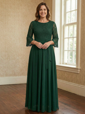 A-line Scoop Ankle-Length Lace Chiffon Mother of the Bride Dress With Bow