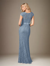 Dusty Blue Chiffon V-Neck Short Sleeves Floor Length Dress With Appliques