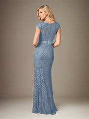 Dusty Blue Chiffon V-Neck Short Sleeves Floor Length Dress With Appliques