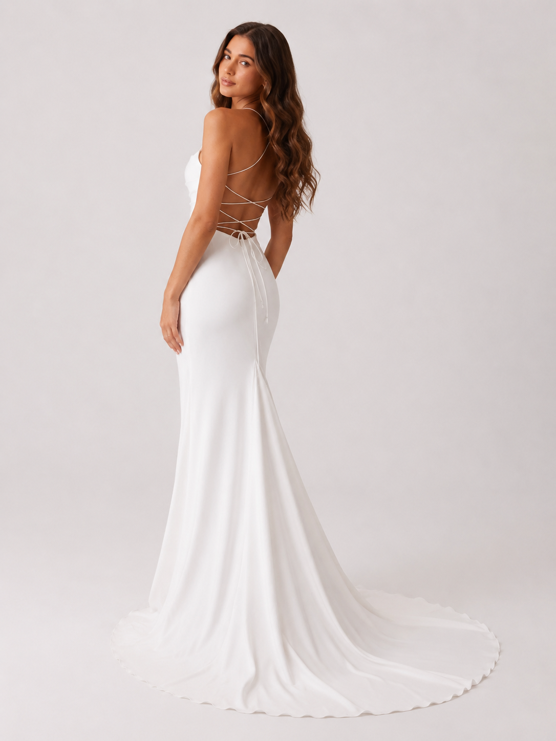 Elegant Square Neck Ruched Satin Sheath Wedding Dress with Crisscross Back and Sweep Train