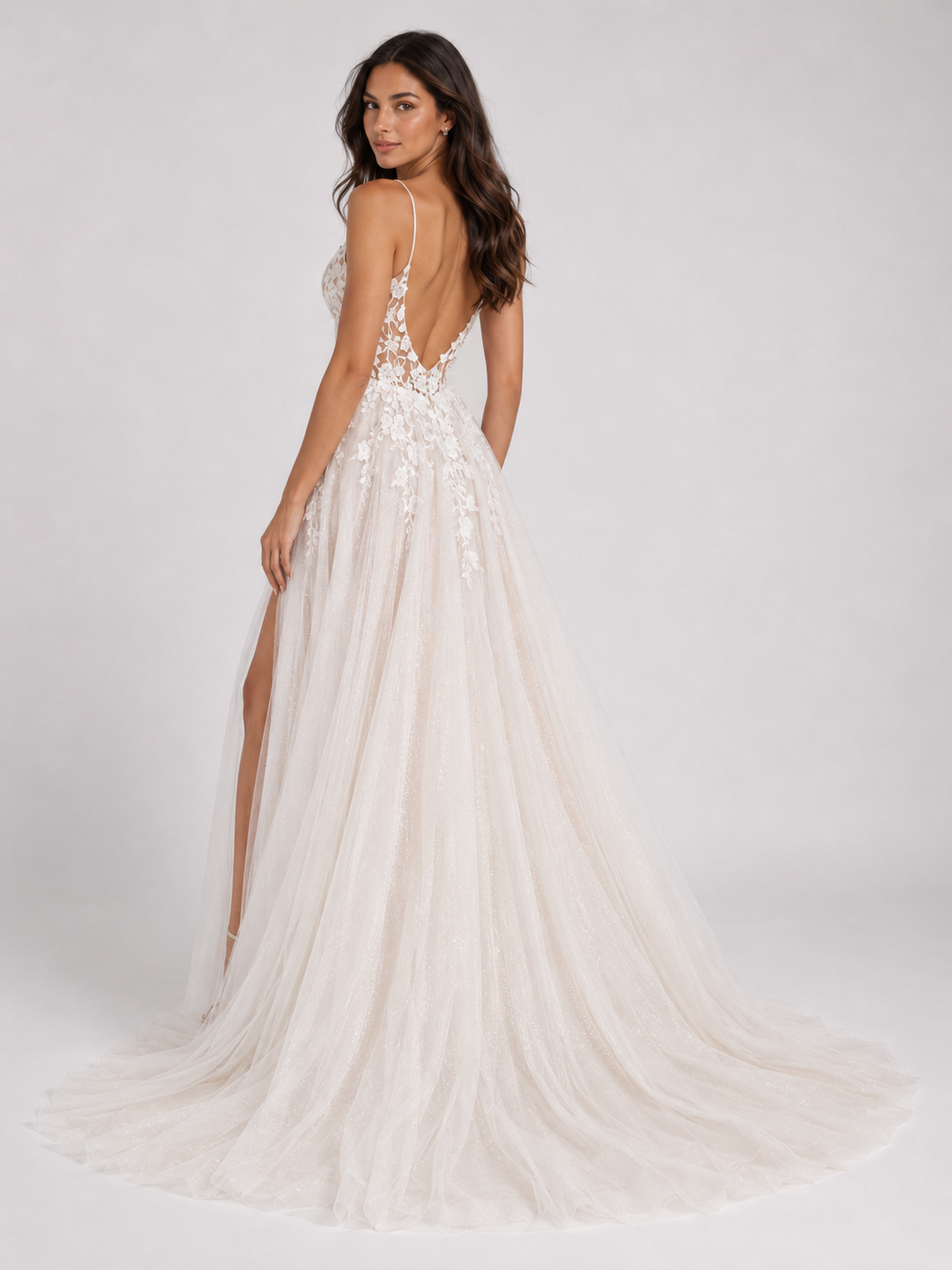 Elegant Floral Applique Tulle A-Line Wedding Dress with Sweep Train