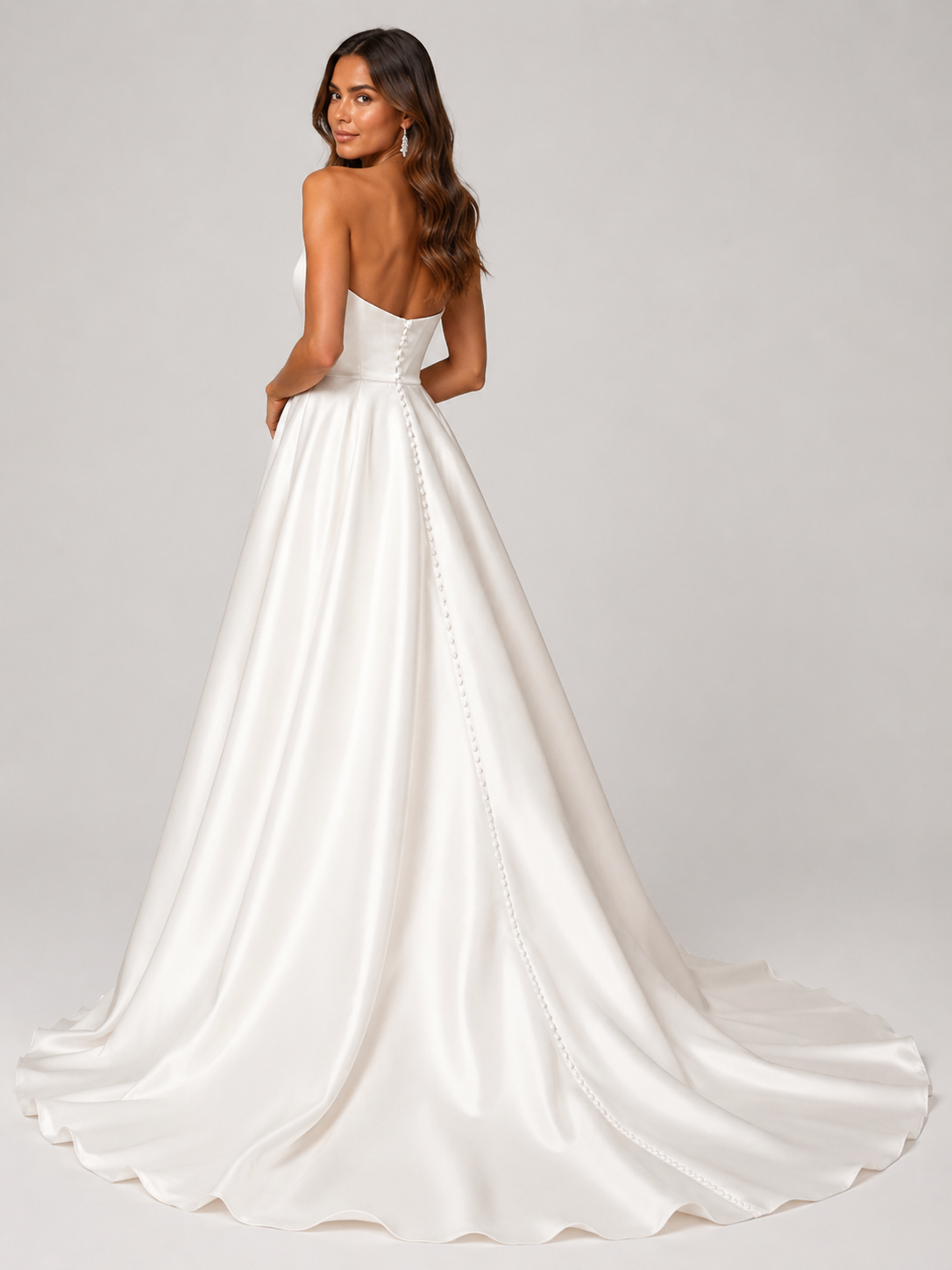 Elegant Strapless Straight-Neck Satin A-Line Wedding Dress with Pockets and Chapel Train