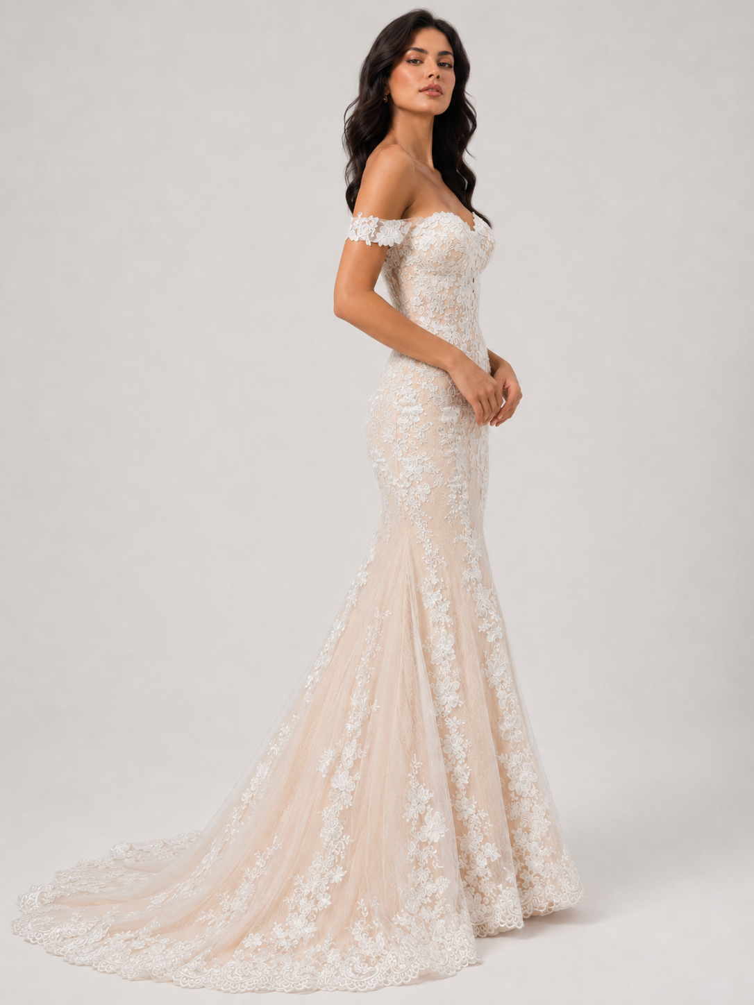 Elegant Off-the-Shoulder Lace Applique Mermaid Wedding Dress with Chapel Train