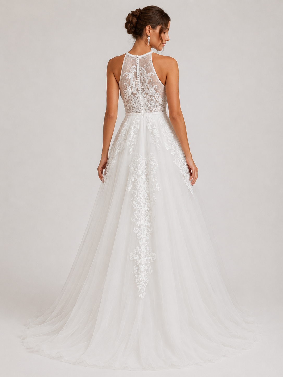 Elegant Halter Lace Appliquéd Tulle A-Line Wedding Dress with Chapel Train
