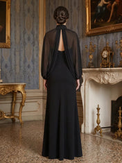 Black Mock-Neck Capelet Sleeve Draped Slit Bridesmaid Dress