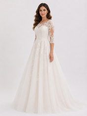 Elegant Illusion Lace Applique A-Line Wedding Dress with Sweep Train