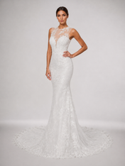 Elegant Illusion High-Neck Lace Mermaid Wedding Dress with Sweep Train