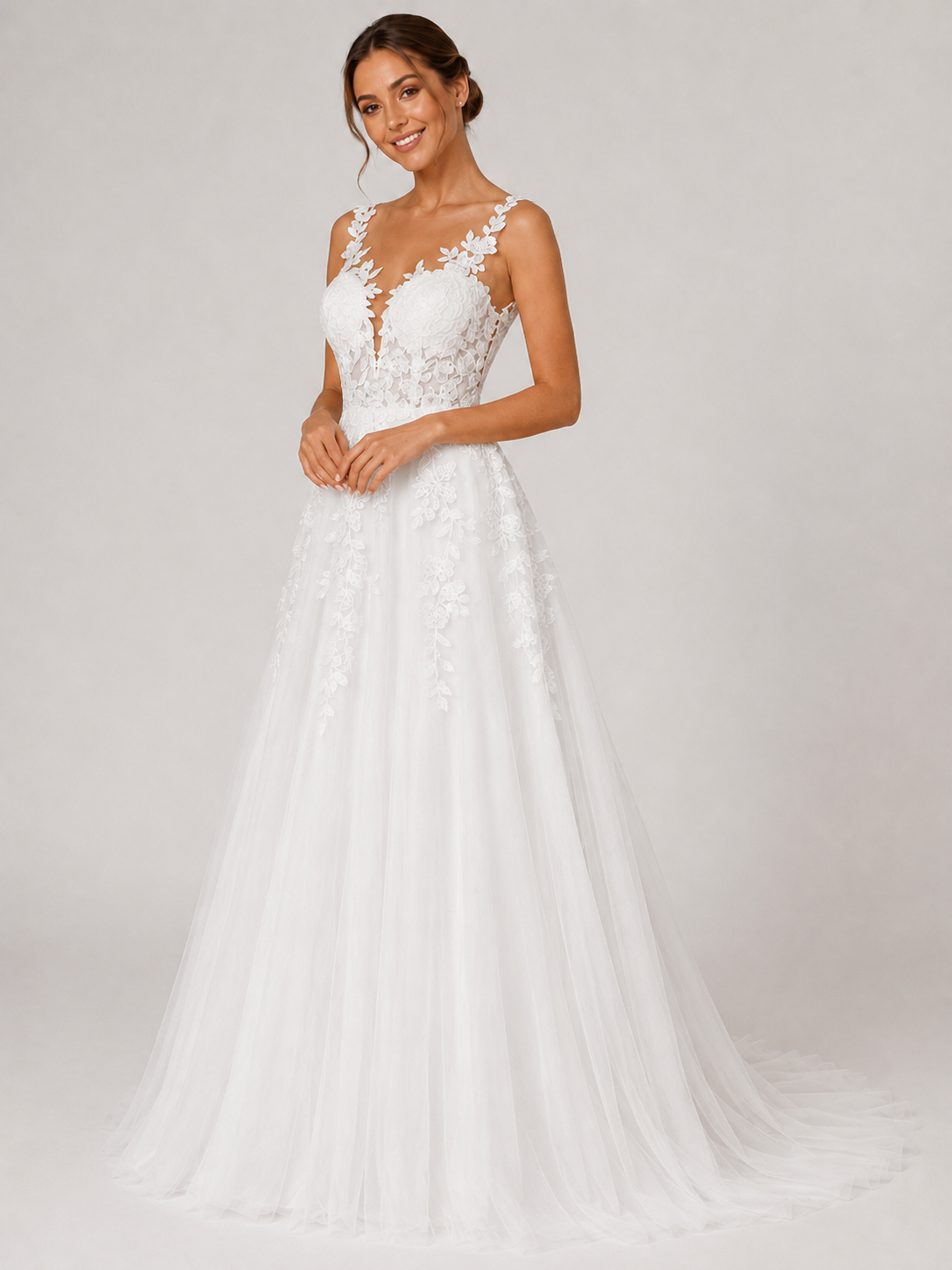 Elegant V-Neck Lace Applique Tulle A-Line Wedding Dress with Chapel Train