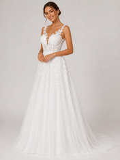 Elegant V-Neck Lace Applique Tulle A-Line Wedding Dress with Chapel Train