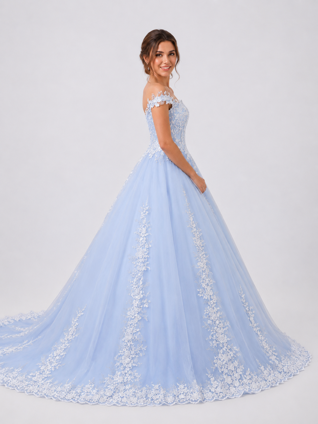 Elegant Off-the-Shoulder Lace Applique Blue A-Line Wedding Dress with Chapel Train