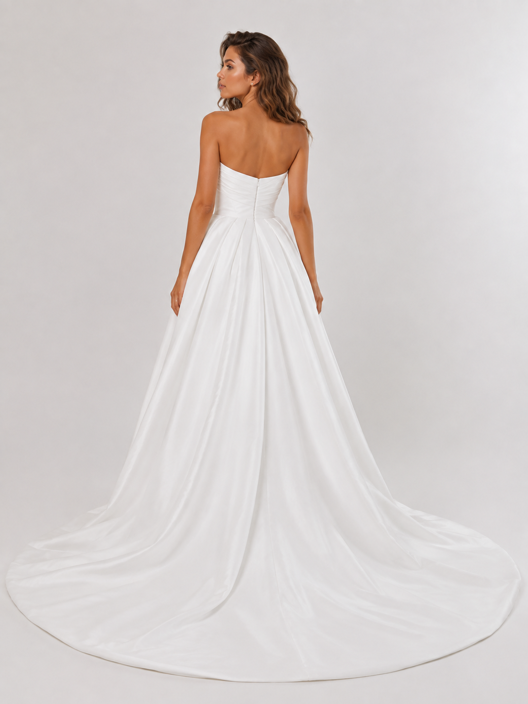 Elegant Off-the-Shoulder Ruched Satin A-Line Wedding Dress with High Slit and Chapel Train