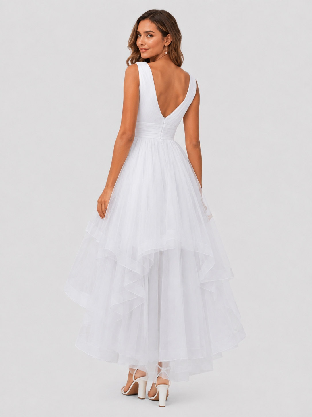 Elegant V-Neck Ruched Tulle High-Low Wedding Dress with Layered Skirt