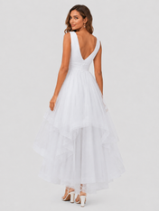 Elegant V-Neck Ruched Tulle High-Low Wedding Dress with Layered Skirt