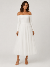 Elegantly Chic Off-the-Shoulder Long-Sleeve Tulle A-Line Midi Wedding Dress