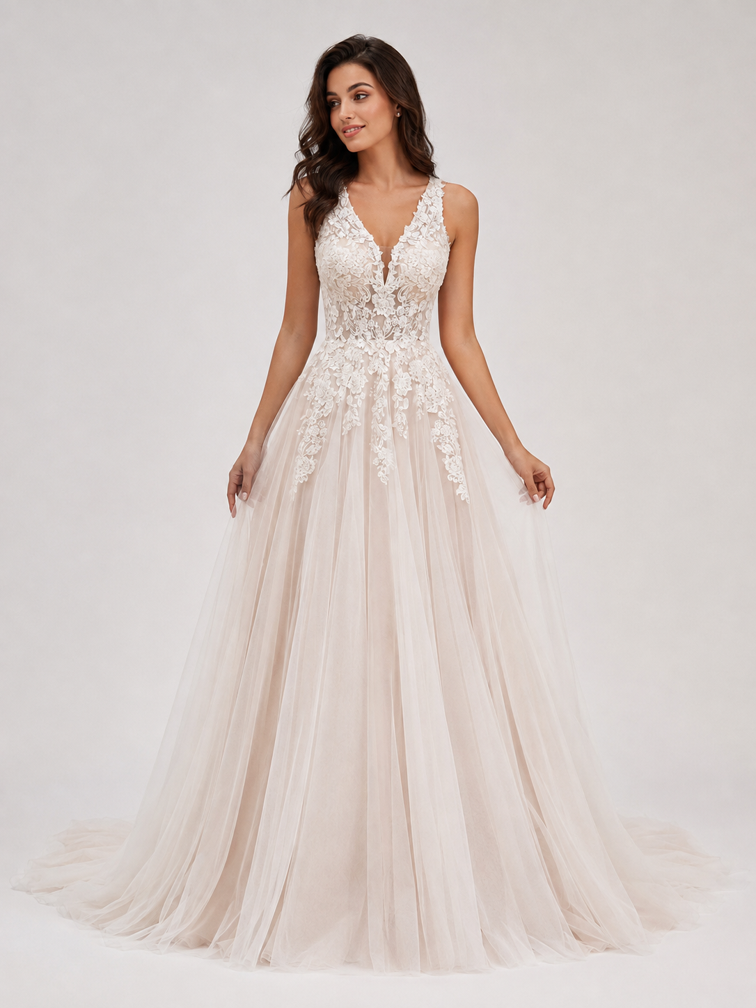 Elegant Illusion V-Neck Lace Applique A-Line Wedding Dress with Chapel Train