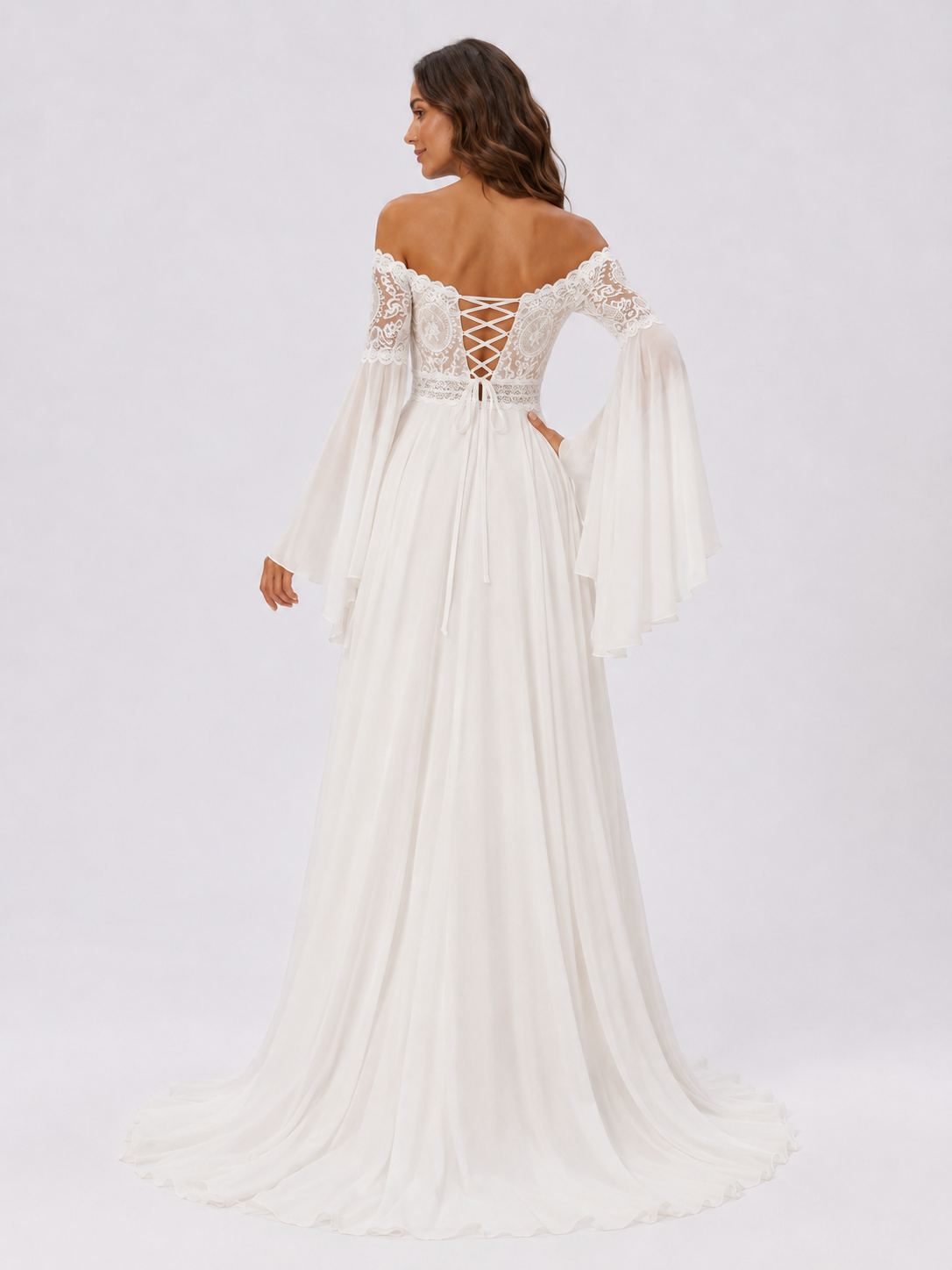 Elegant Lace Applique Chiffon A-Line Wedding Dress with Sweep Train
