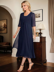 A-line Square Tea-Length Chiffon Mother of the Bride Dress