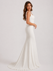 Elegant Square Neck Satin Sheath Wedding Dress with Lace-Up Back and Chapel Train