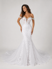Elegant Off-the-Shoulder Illusion Plunge Lace Mermaid Wedding Dress with Chapel Train