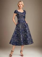 A-Line V-Neck Tea-Length Jacquard Floral Mother of the Bride Dress