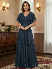 A-line V-Neck Floor-Length Lace Sequin Chiffon Mother of the Bride Dress With Pleated