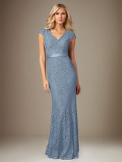 Dusty Blue Chiffon V-Neck Short Sleeves Floor Length Dress With Appliques
