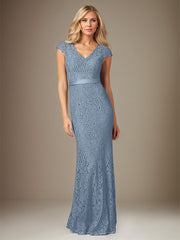 Dusty Blue Chiffon V-Neck Short Sleeves Floor Length Dress With Appliques