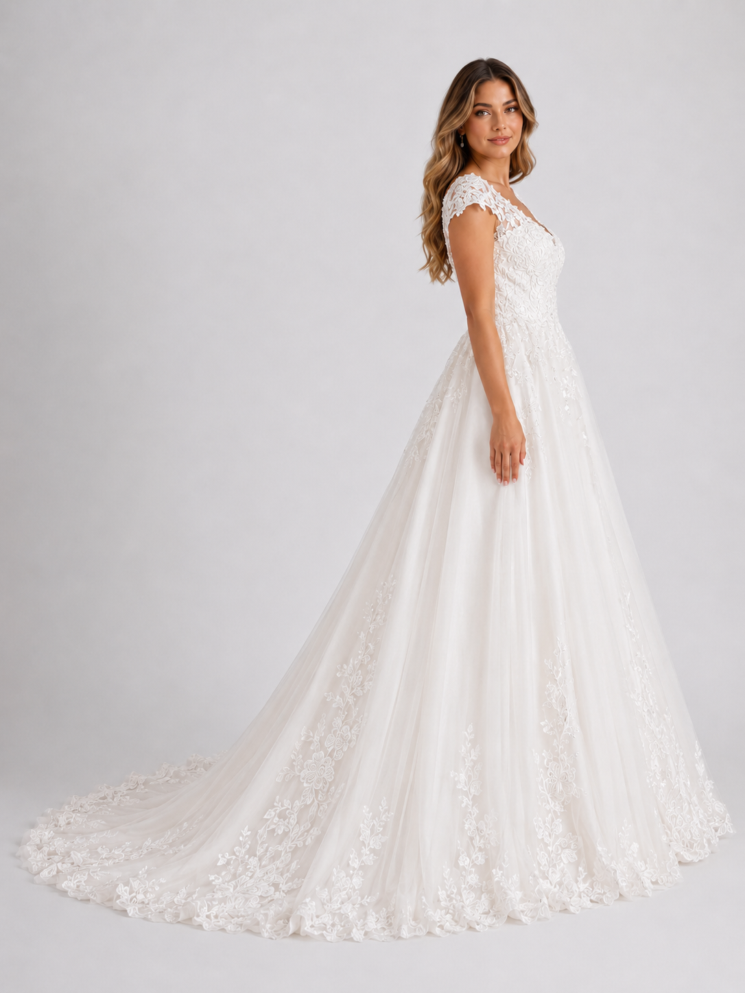 Elegant Cap Sleeve Lace Applique A-Line Wedding Dress with Chapel Train