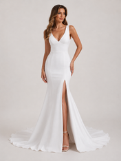 Elegant V-Neck Satin Mermaid Wedding Dress with High Slit and Chapel Train