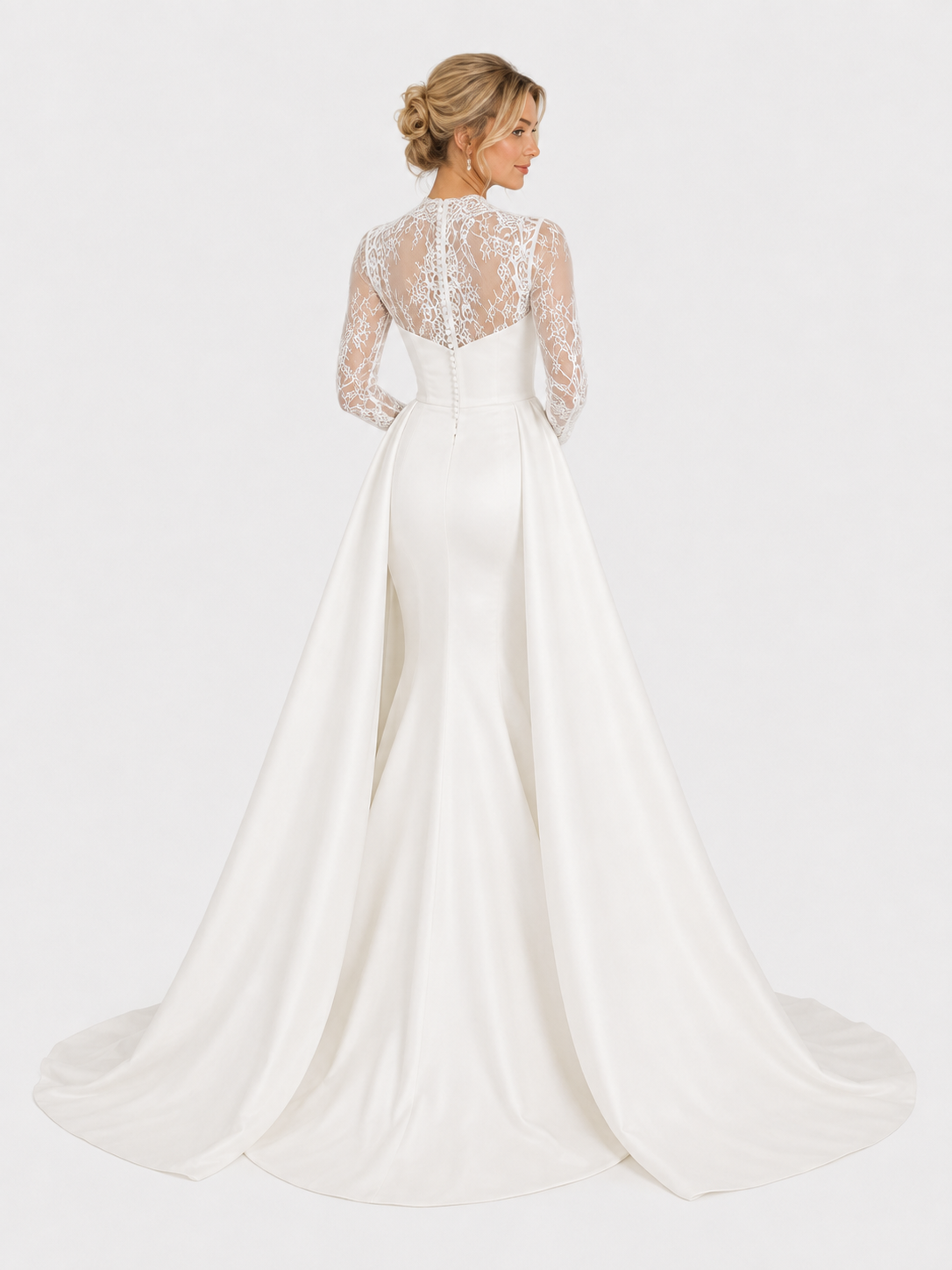 Elegant Lace Illusion Long-Sleeve Mermaid Wedding Dress with Detachable Overskirt and Chapel Train
