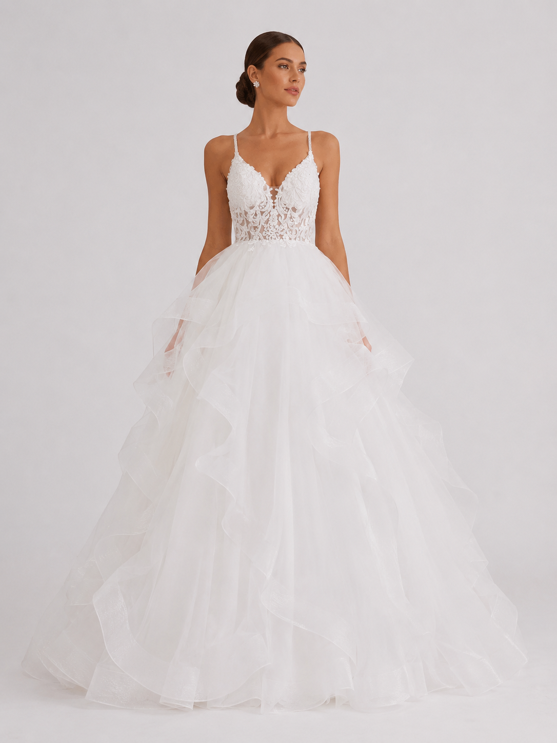 Elegant V-Neck Tiered Ruffle Tulle Ball Gown Wedding Dress with Crisscross Straps