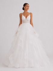 Elegant V-Neck Tiered Ruffle Tulle Ball Gown Wedding Dress with Crisscross Straps