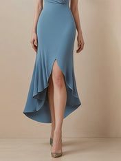 Wedding Guest Party Dress Blue V-Neck Sleeveless Asymmetrical Dress