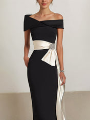 Party Dress Sleeveless Black Off the Shoulder Floor-Length Dress